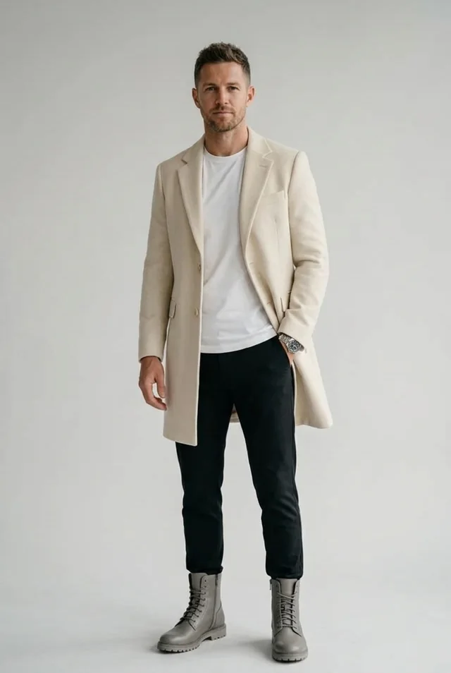 Try-on photograph: the same person wearing all four garments