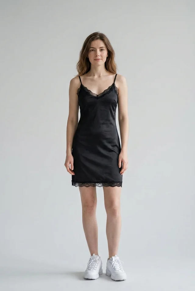 Try-on photograph: the wishlist dress worn with her own sneakers