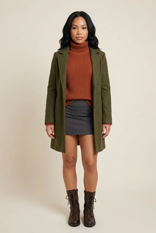 Try-on photograph of the same person wearing the new outfit